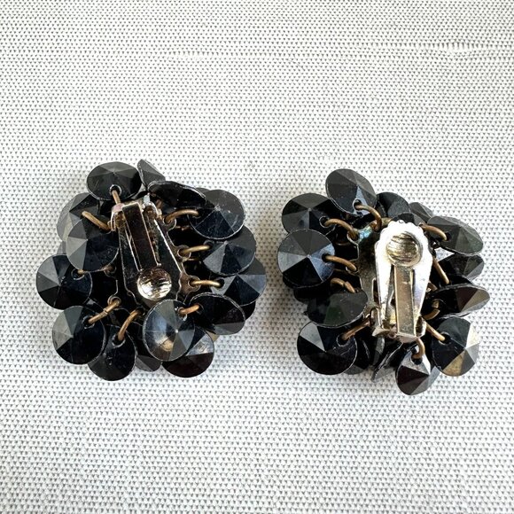 Vintage Black Cha Cha Clip-On Earrings 1.5" Retro Early Plastic Jewelry - Picture 4 of 7
